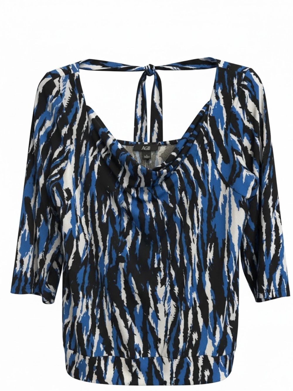 AGB Blue Black White Abstract Printed Drape Neck Women's Top w Tie Back SZ L EUC